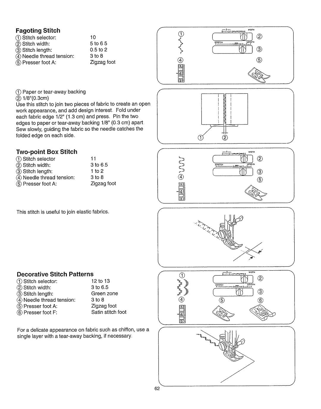 Kenmore 385.162213 owner manual Fagoting, Two-point Box Stitch, Decorative Stitch Patterns 