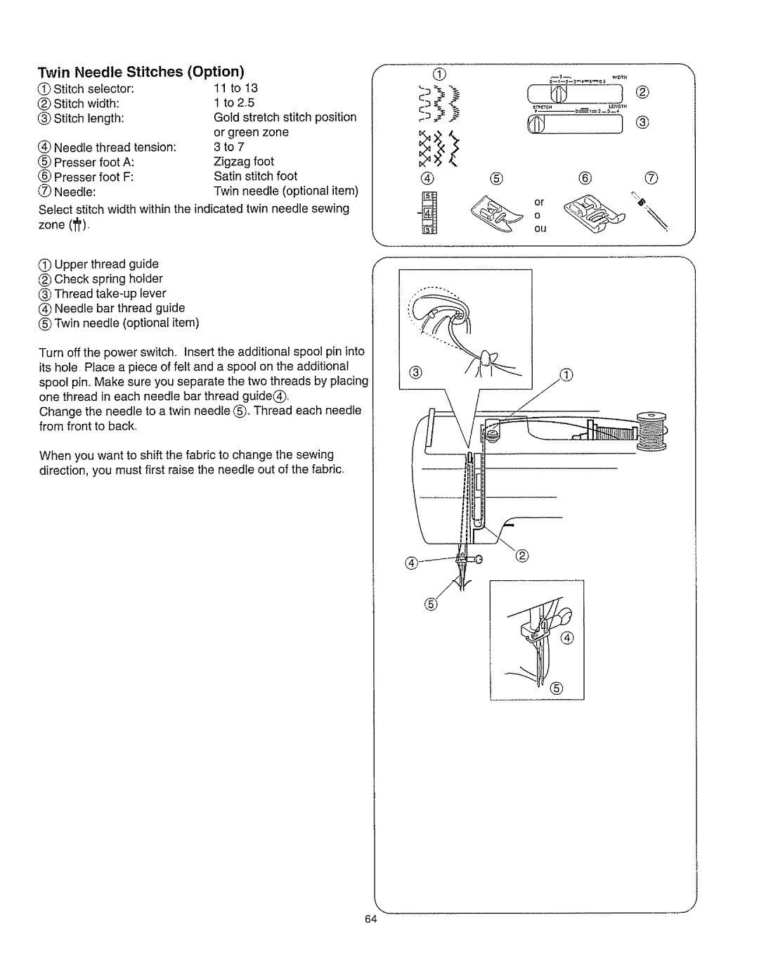 Kenmore 385.162213 owner manual Twin Needle Stitches Option, Zigzag foot 