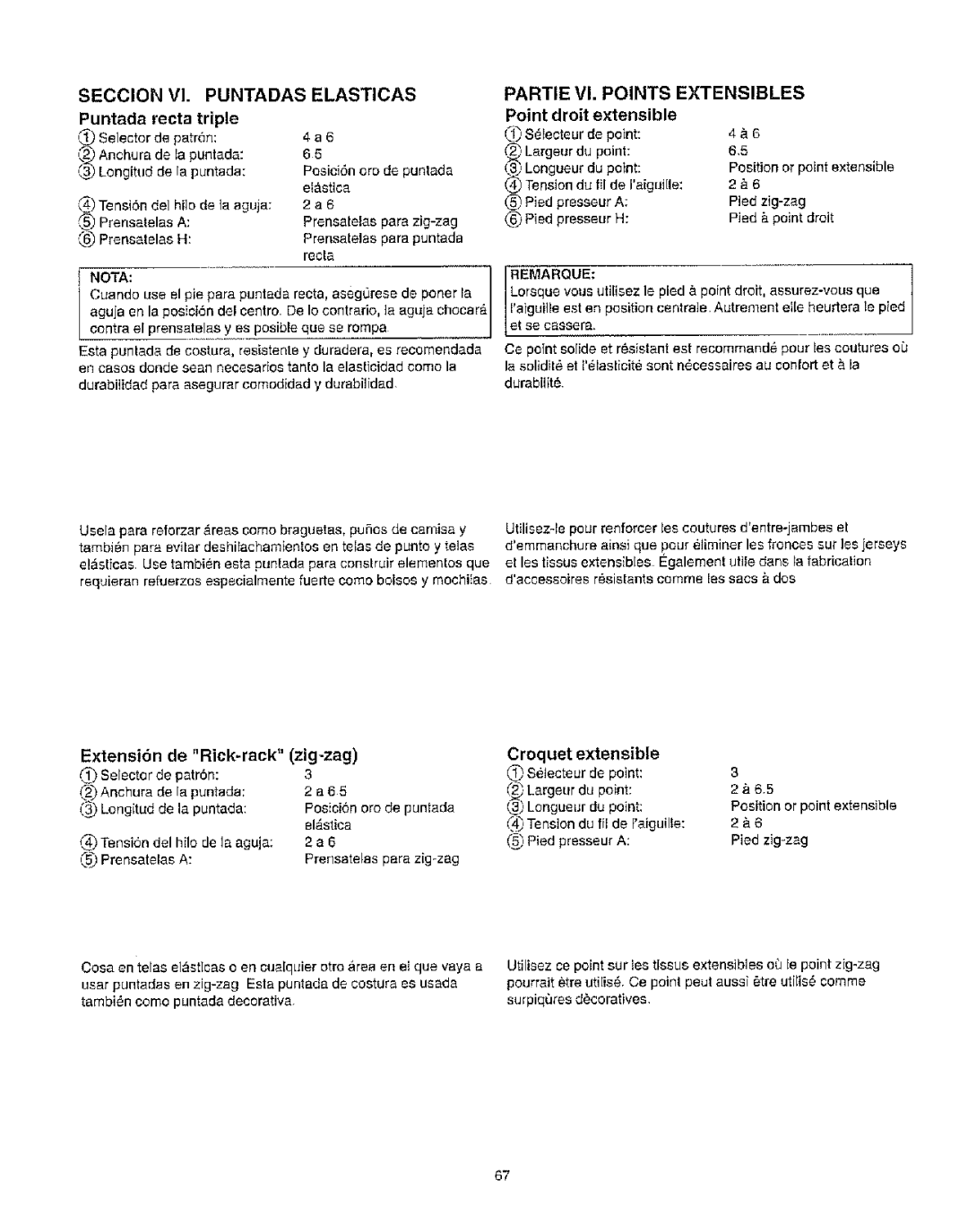 Kenmore 385.162213 owner manual Puntada recta triple, Extensi6n de Rick-rack, Zig-zag, Croquet 