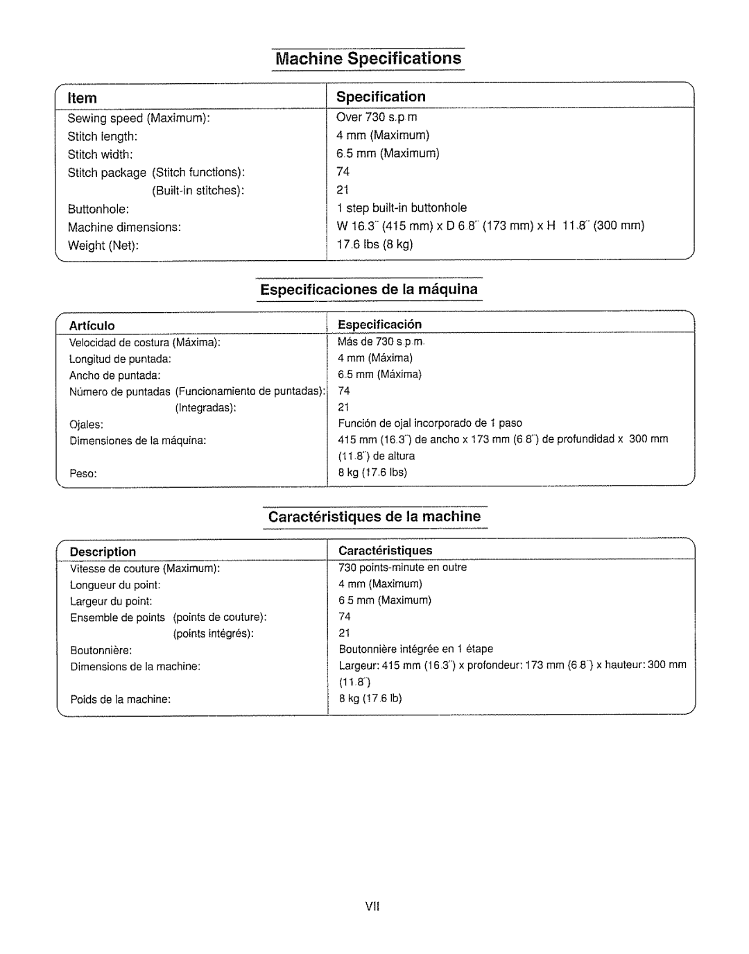 Kenmore 385.162213 owner manual Especificaciones de la mquina, Caractristiques de la machine, Specification, Especificaci6n 