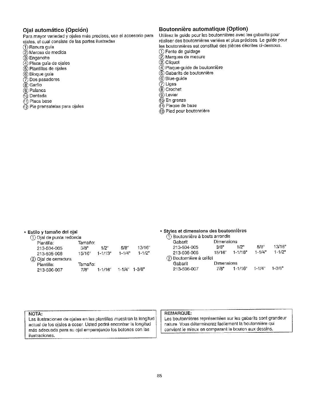 Kenmore 385.162213 owner manual Ojal automtico Opci6n, Boutonni6re automatique Option, Estilo y tama£o del 