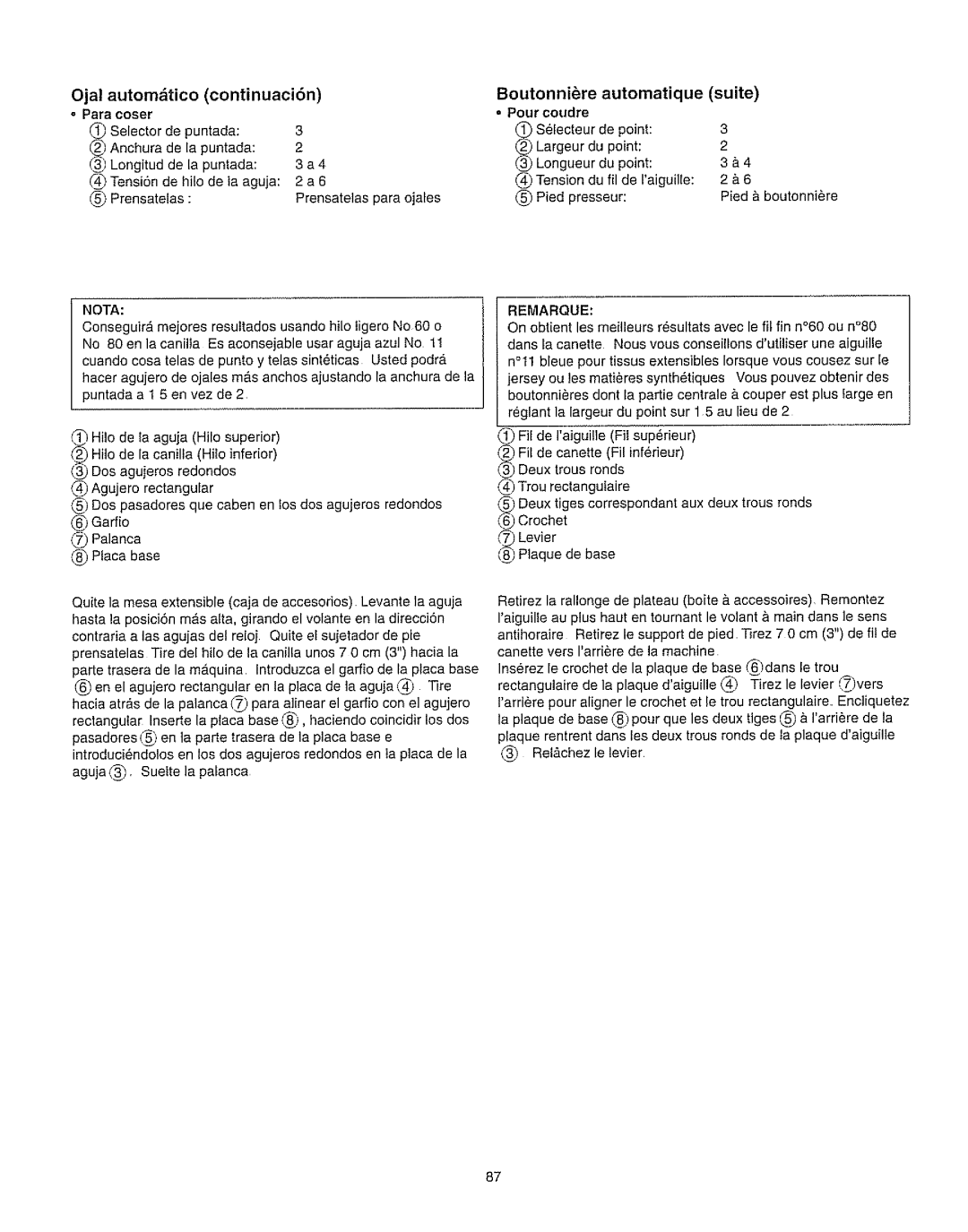 Kenmore 385.162213 owner manual Ojal, Automdtico, Continuaci6n, Boutonni6re automatique, Suite 