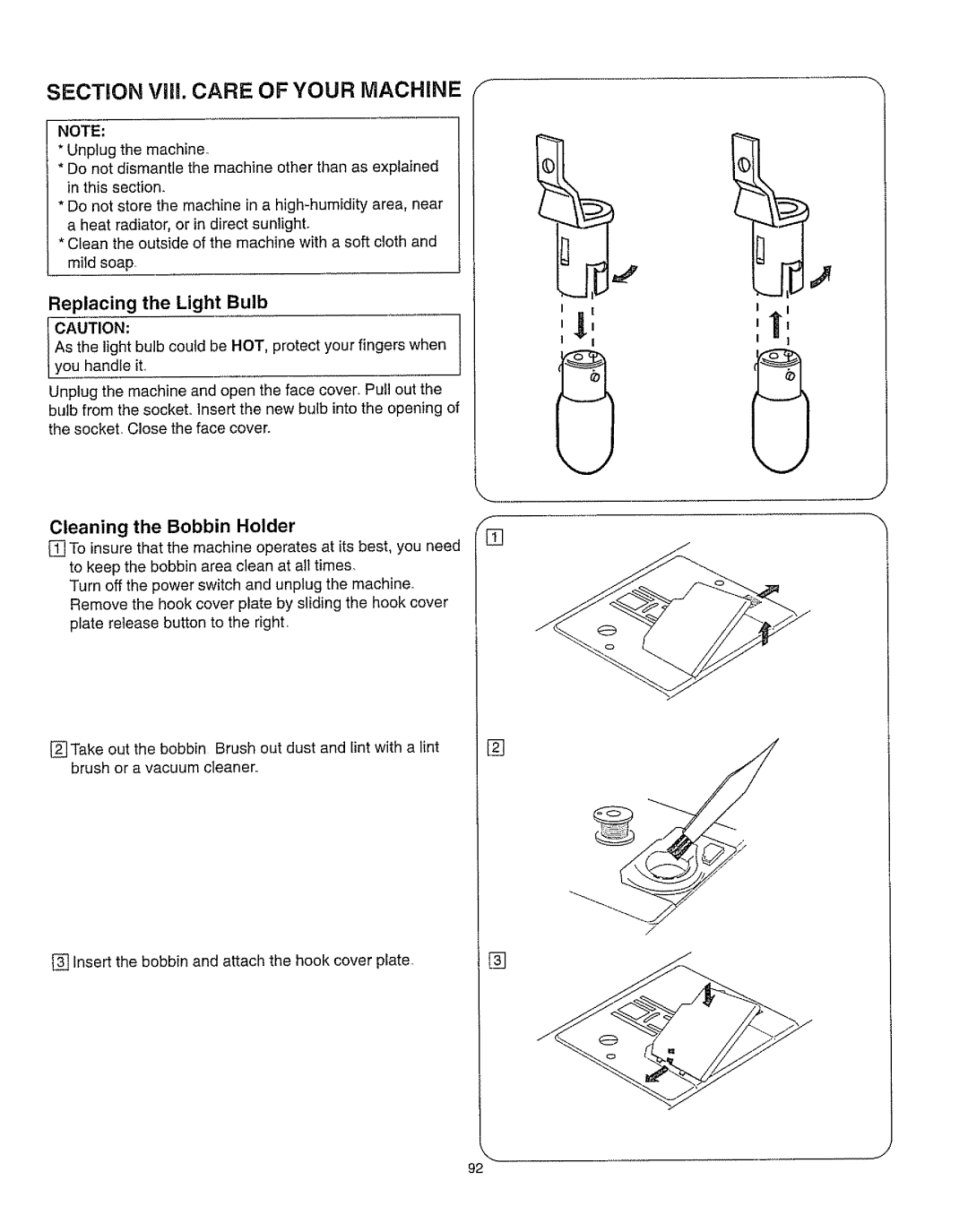 Kenmore 385.162213 owner manual SECTION Viii. CARE OF YOUR MACHINE, Replacing, the Light Bulb, Cleaning the Bobbin Holder 