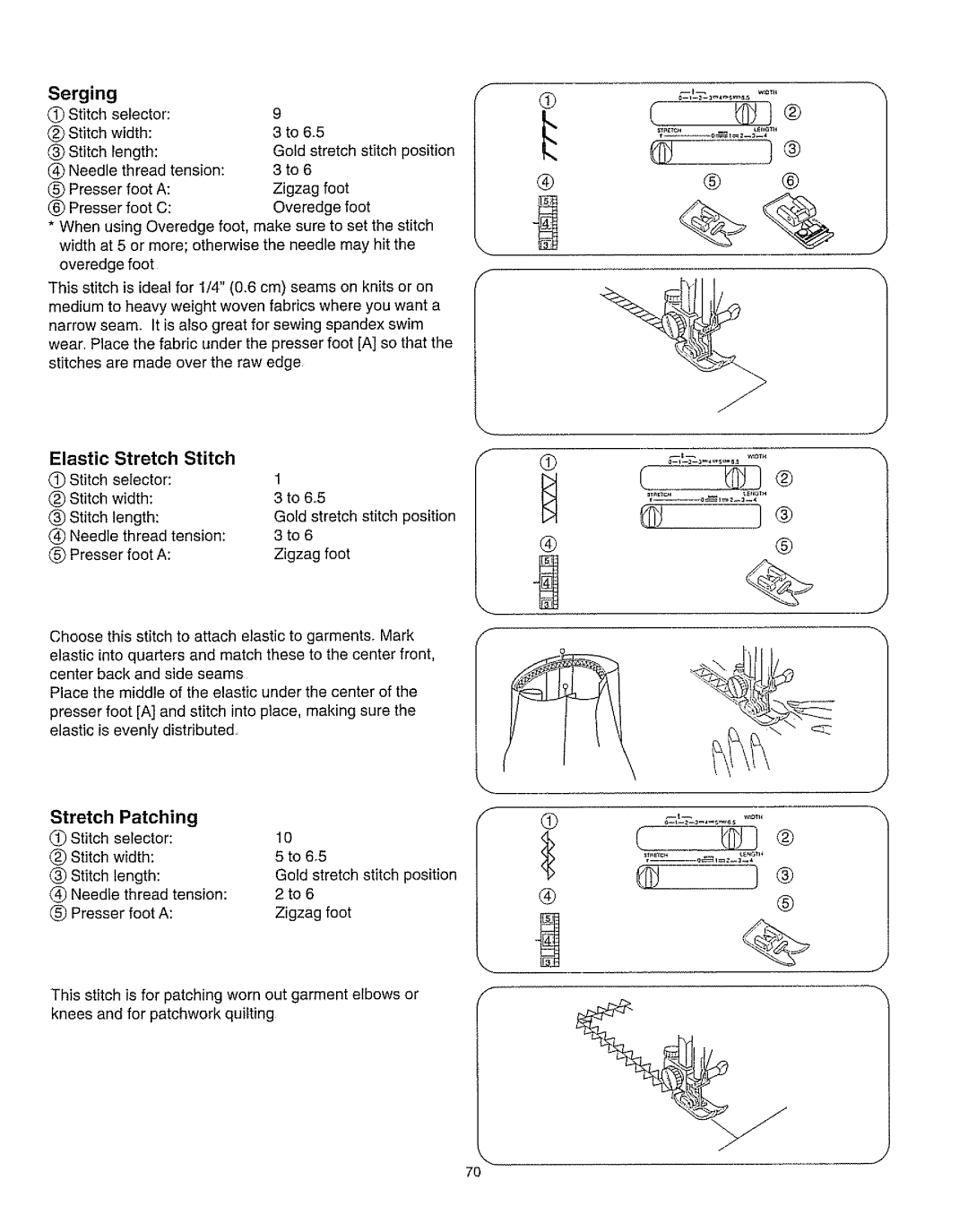 Kenmore 385.162213 owner manual Serging, Patching, 3 to, 3to6, Elastic, Stretch, Stitch 