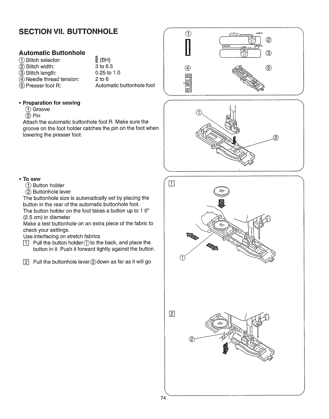Kenmore 385.162213 owner manual SECTION Vii. BUTTONHOLE, Automatic, Buttonhole, o Preparation 