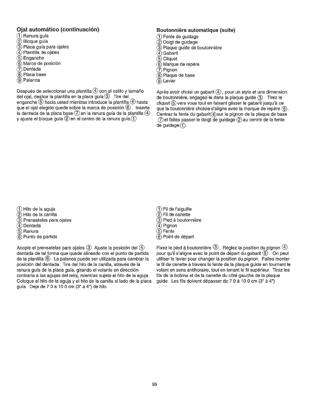 Kenmore 385.16231 owner manual Ojal autom,tico, Continuacibn, Automatique 