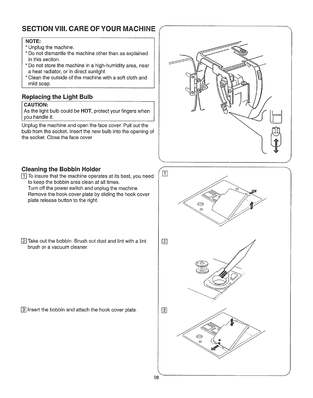 Kenmore 385.16231 owner manual Replacing the Light Bulb, Cleaning the Bobbin Holder 