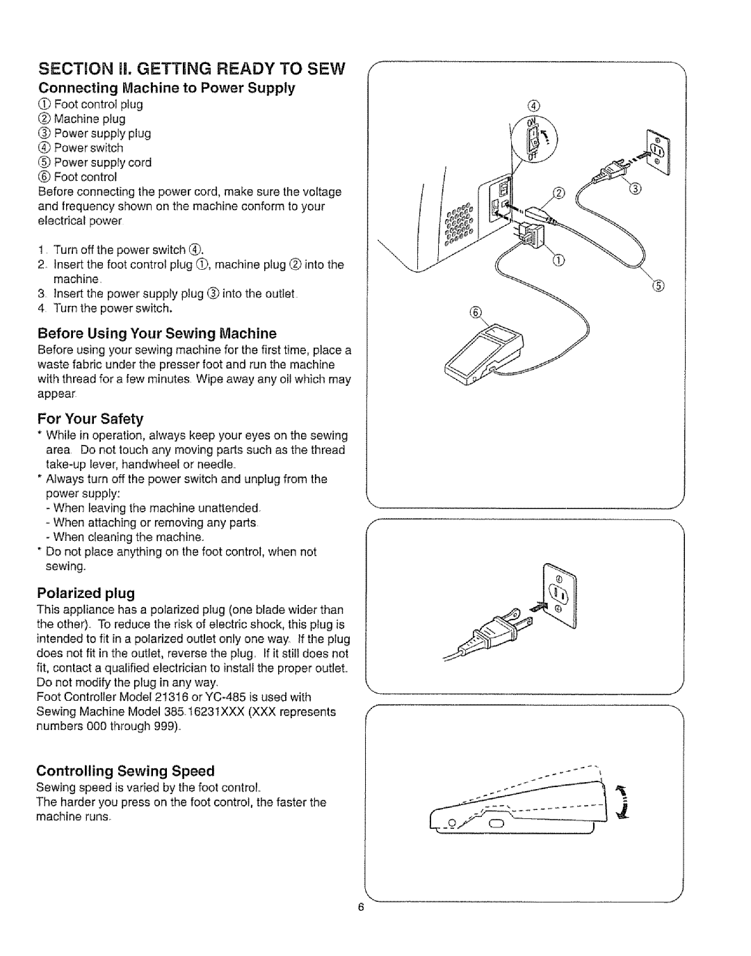 Kenmore 385.16231 Connecting Machine to Power Supply, For Your Safety, Polarized plug, Controlling Sewing Speed 