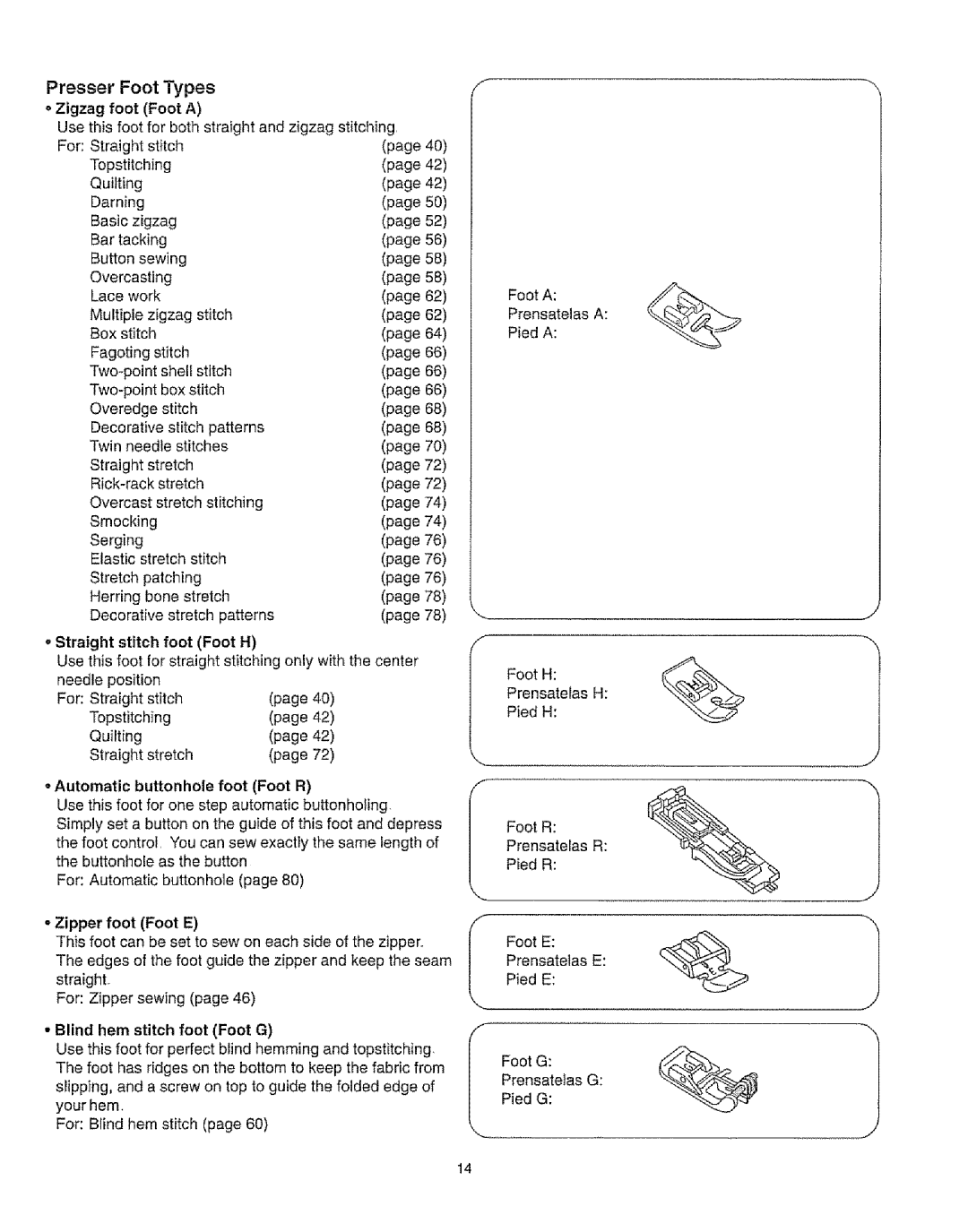 Kenmore 385.16231 owner manual Presser Foot Types 