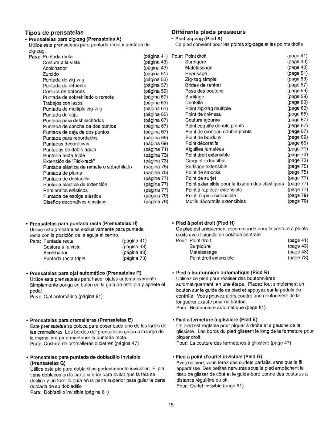 Kenmore 385.16231 Tipos de prensatetas, Diff6rents pieds presseurs, Puntada, Prensatelas para cremalleras Prensatelas E 