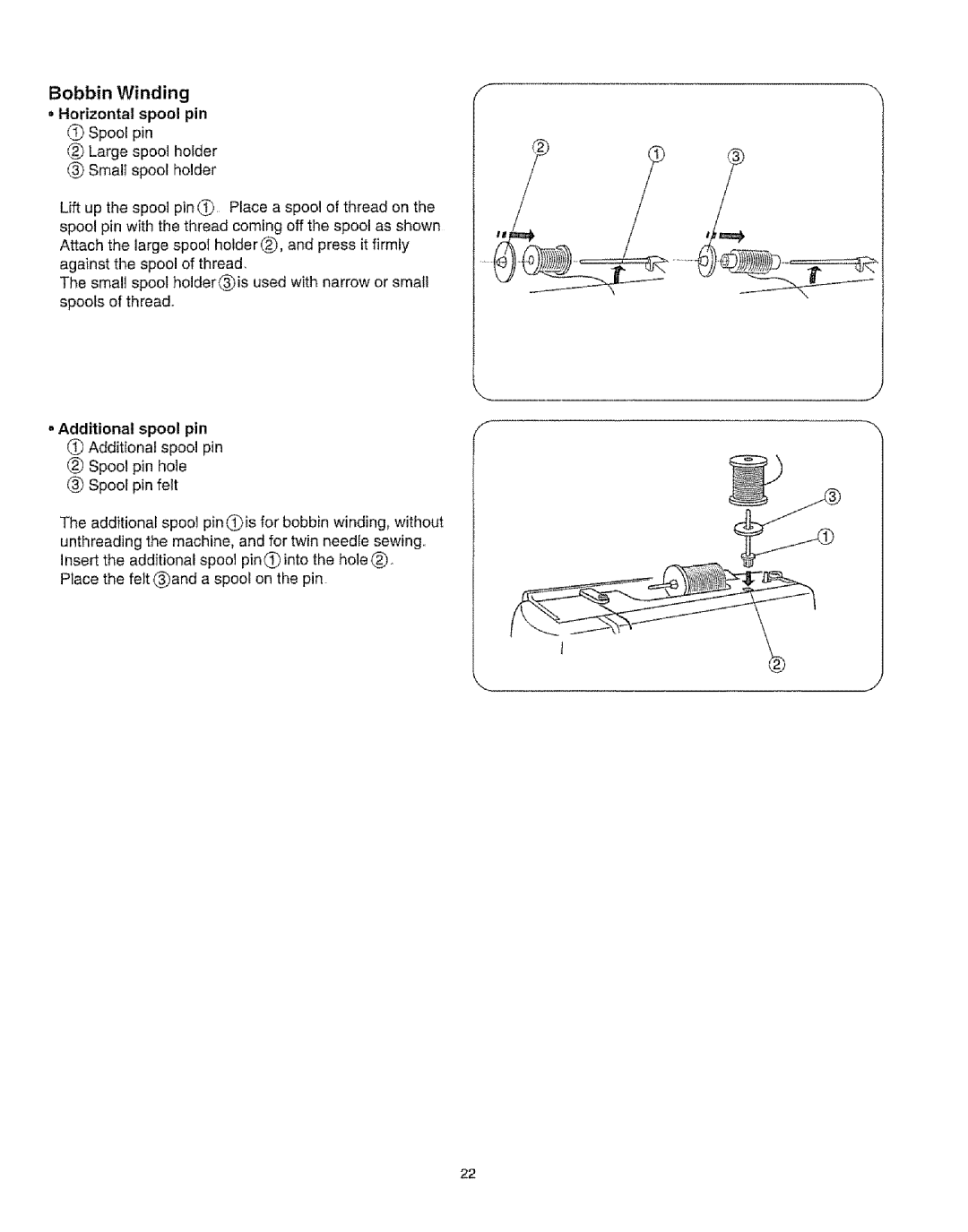 Kenmore 385.16231 owner manual Bobbin Winding = Horizontal spool pin O Spool pin 