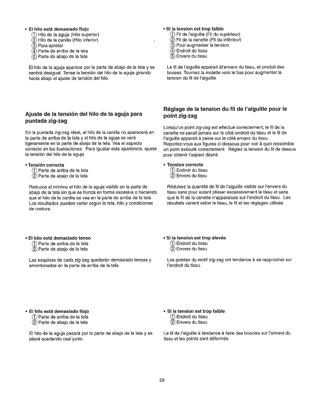 Kenmore 385.16231 owner manual Tensi6n correcta, Tension correcte, Hilo estd demasiado tenso, El hilo est demasiado flojo 