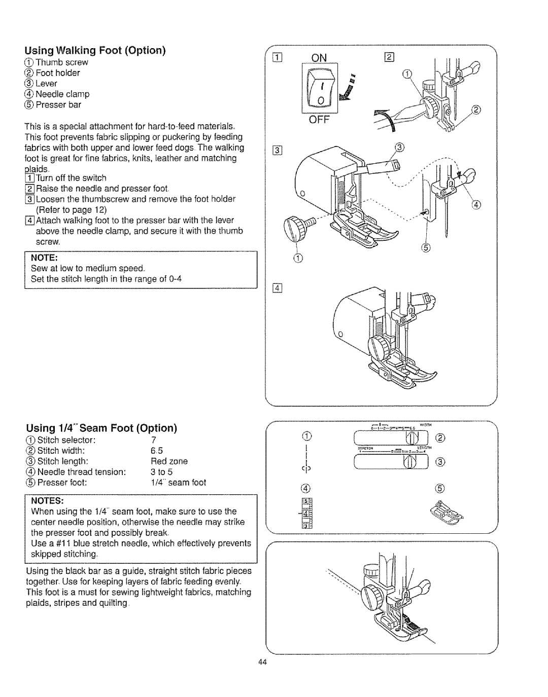 Kenmore 385.16231 owner manual Using Walking Foot Option, Using 1/4Seam Foot Option, Thumb screw Foot holder, Lever 