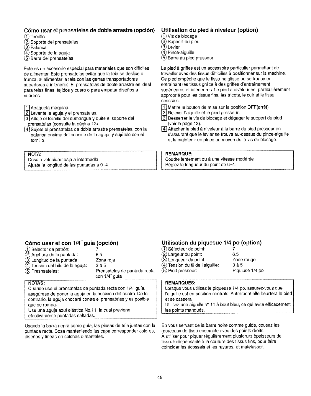 Kenmore 385.16231 C6mo usar el prensatelas de doble arrastre opcibn, Option, Utilisation du piquesue 1/4 po option 