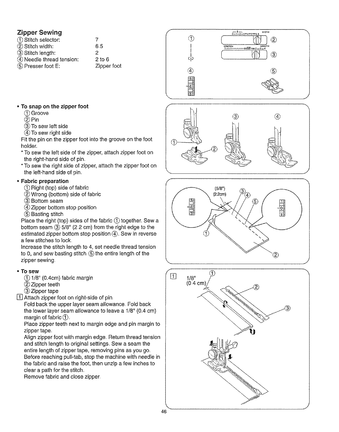 Kenmore 385.16231 owner manual Zipper Sewing, 04 cm 