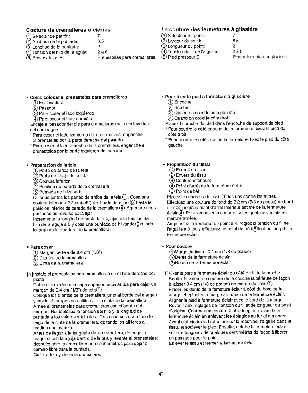 Kenmore 385.16231 owner manual Costura, Cierres, La couture, Des Fermetures, Glissire 