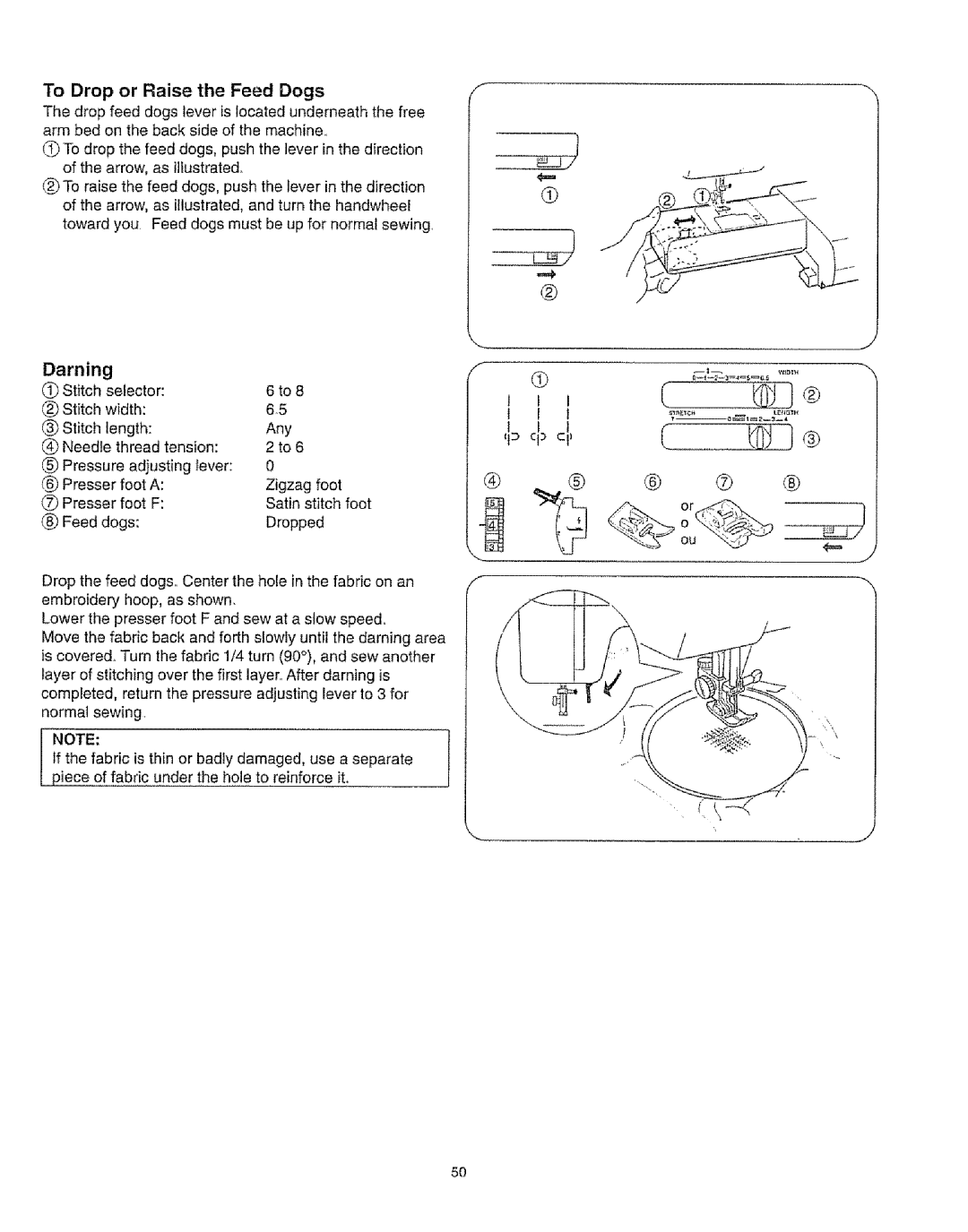 Kenmore 385.16231 owner manual Darning, To Drop or Raise the Feed Dogs 