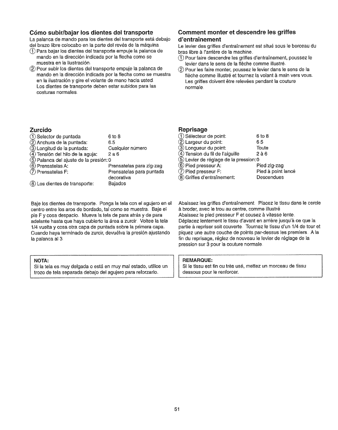 Kenmore 385.16231 Dentrainement, C6mo subir/bajar los dientes del transporte, Comment monter et descendre les griffes 