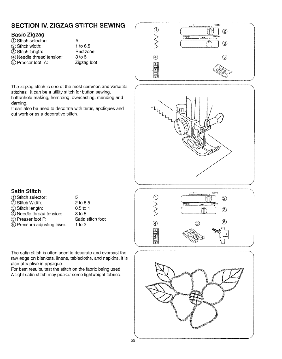 Kenmore 385.16231 owner manual Basic Zigzag, Satin Stitch 