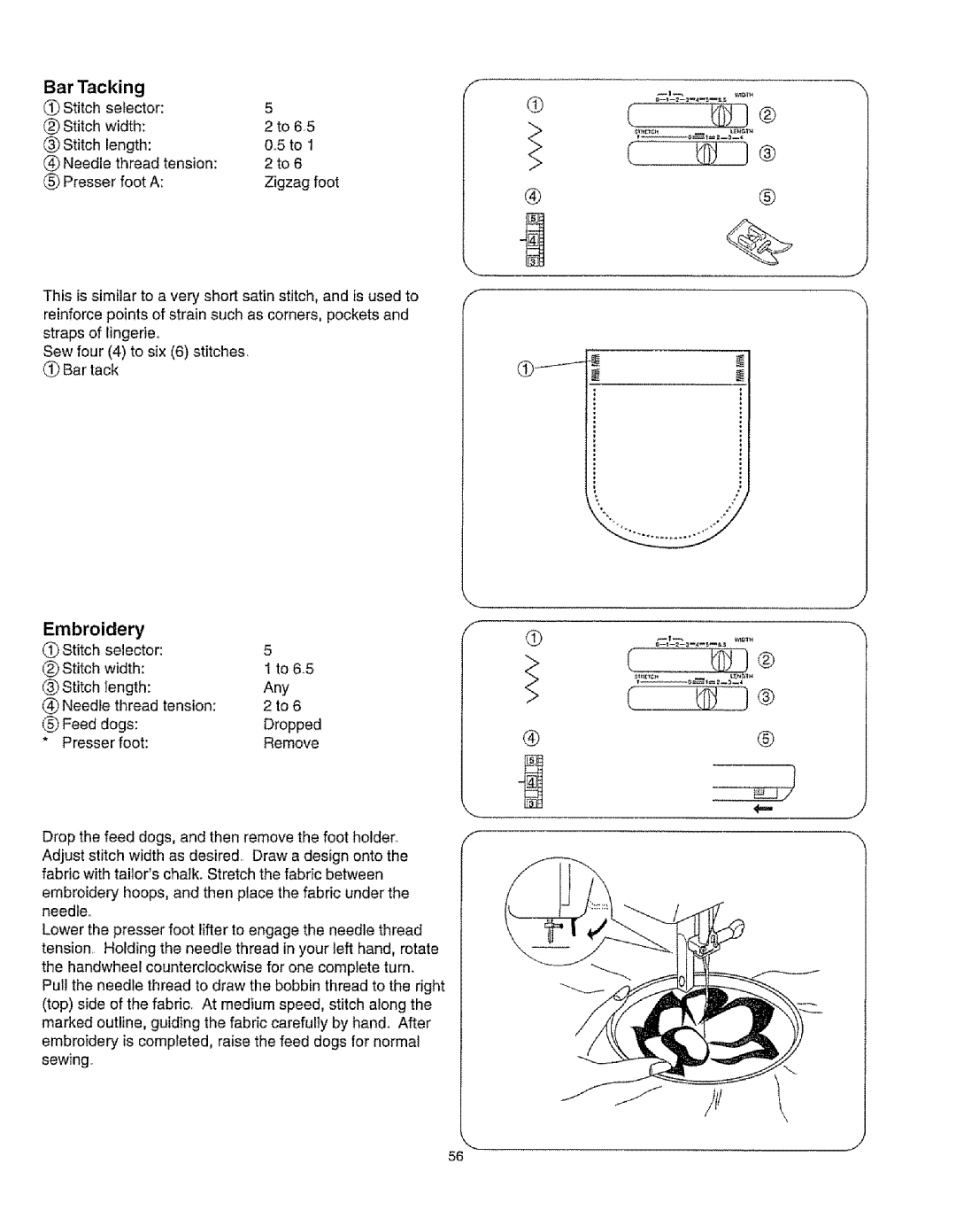 Kenmore 385.16231 owner manual Bar Tacking, Width, To &5, Stitch iength Any @ Needle thread tension Feed dogs 