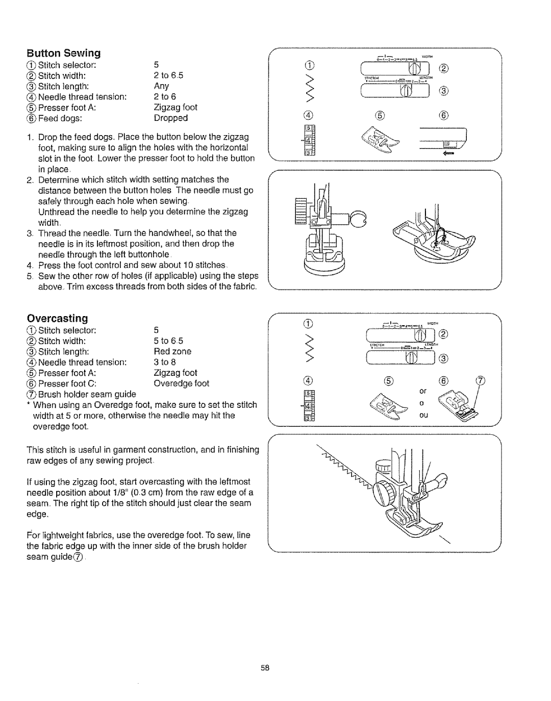 Kenmore 385.16231 owner manual Overcasting, Button Sewing 