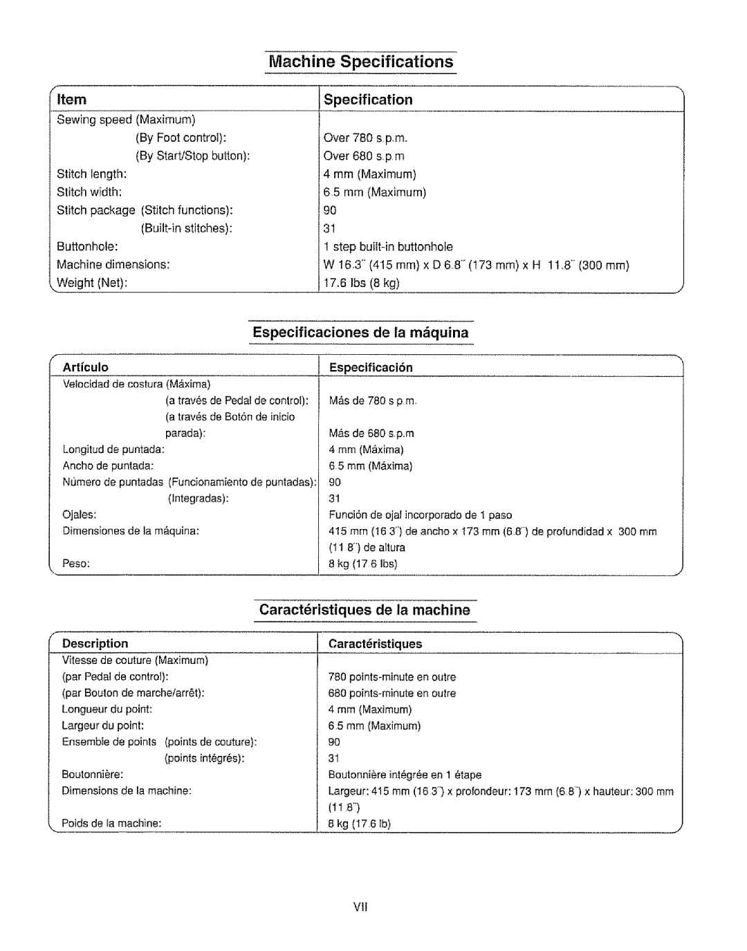 Kenmore 385.16231 owner manual Specification, Especificaciones de la m&quina, Caractristiques de la machine, Especificaci6n 