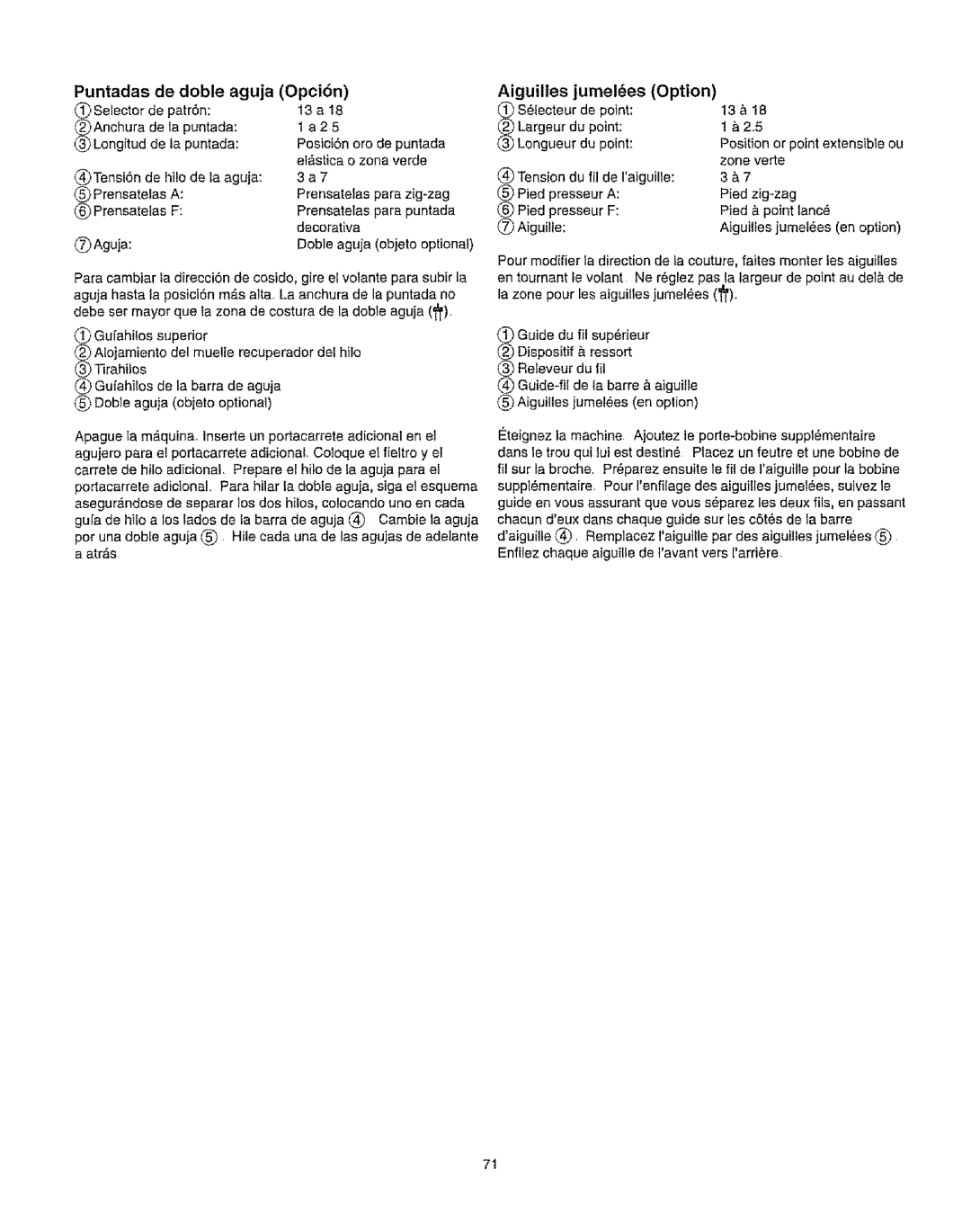 Kenmore 385.16231 owner manual Puntadas de doble aguja, Opci6n, Aiguilles jumeles Option 