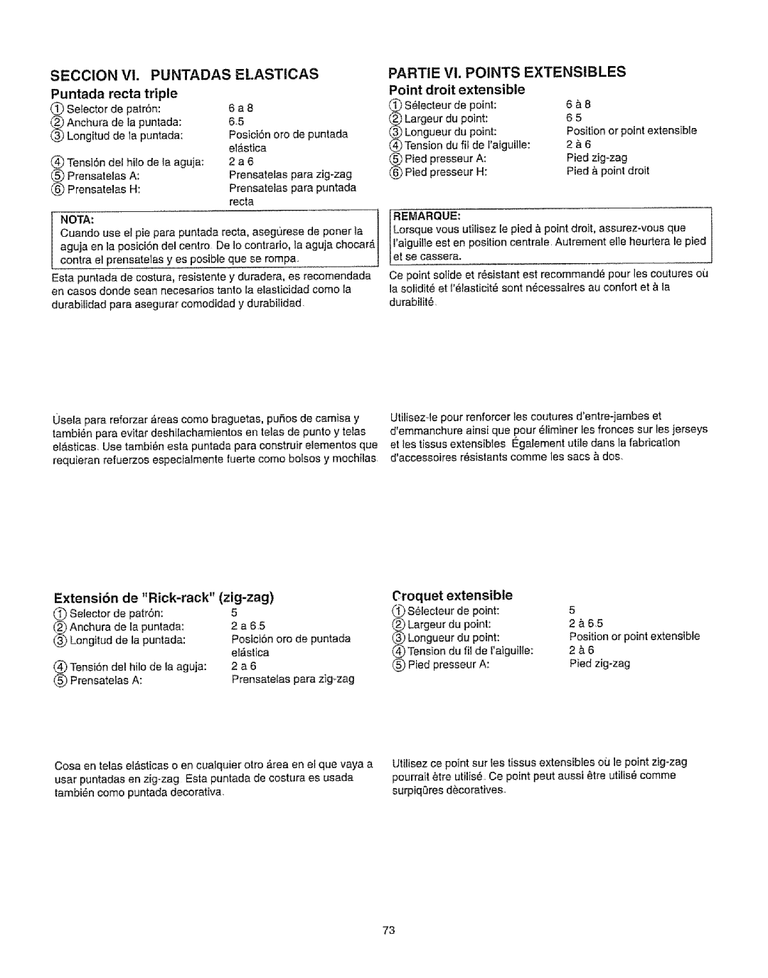 Kenmore 385.16231 owner manual Puntada Recta Triple, Vl. Points Extensibles, Extensibn de Rick-rack, Zig-zag Croquet 