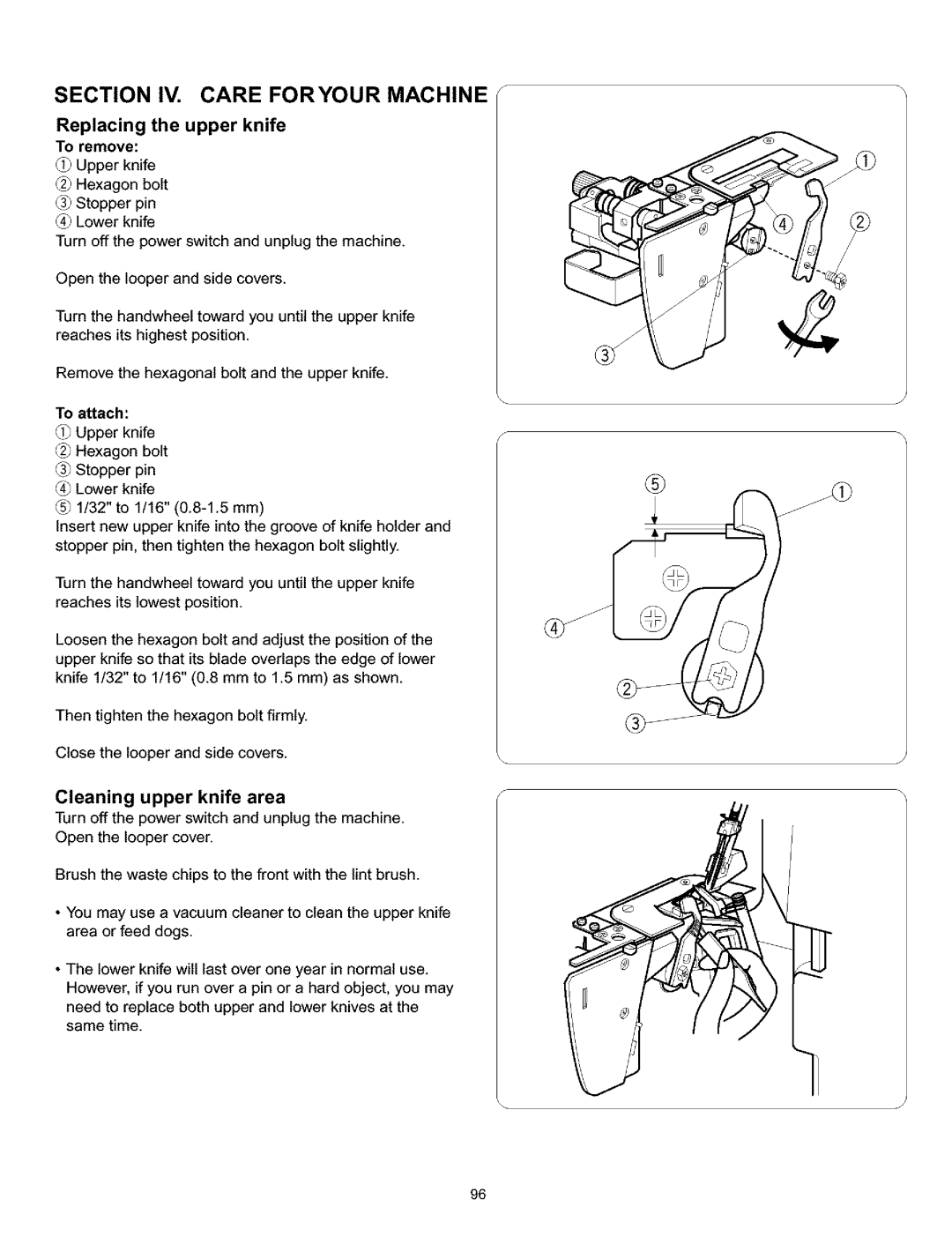 Kenmore 385.166551 owner manual Replacing the upper knife To remove Upper knife, To attach, Cleaning upper knife area 