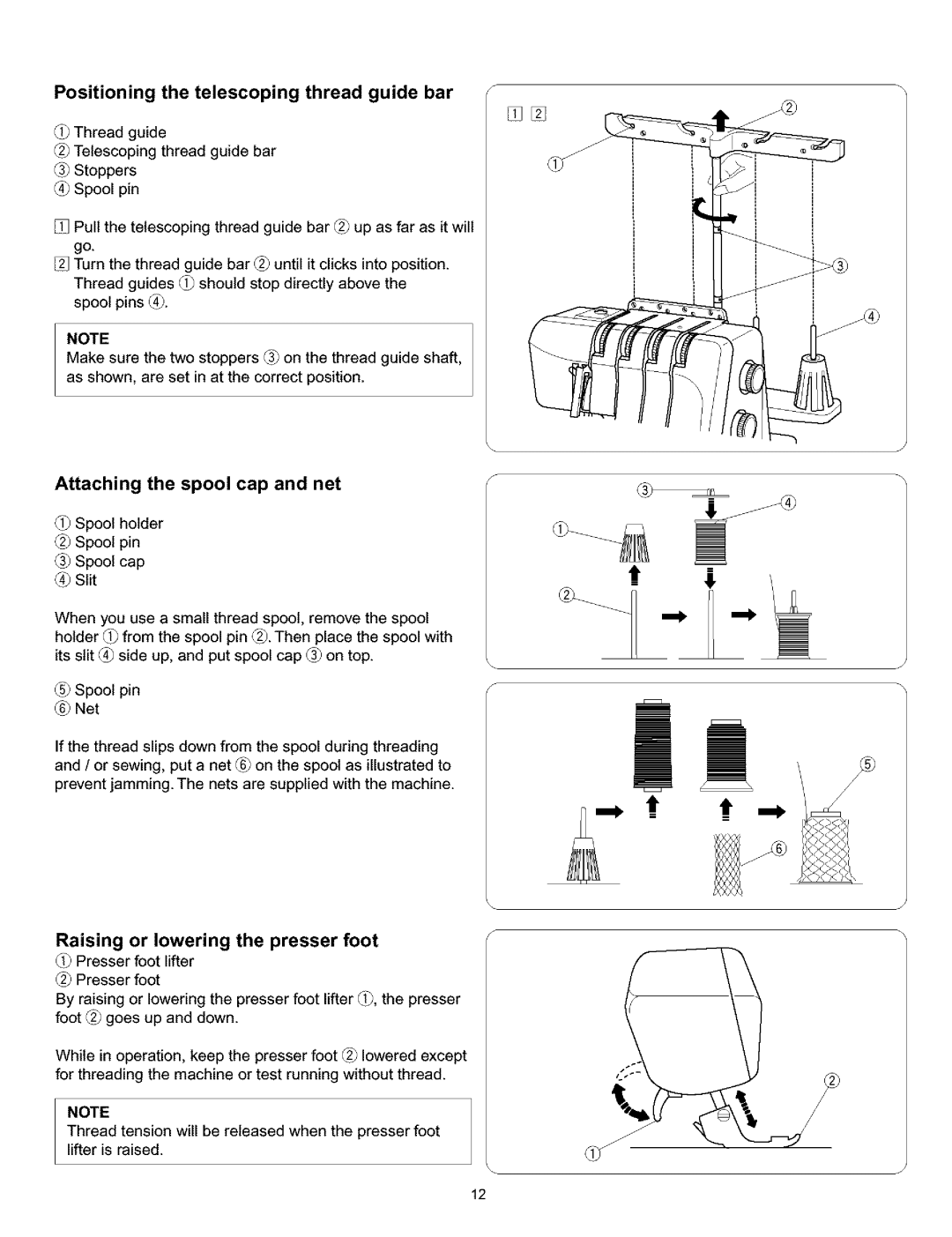 Kenmore 385.166551 owner manual Positioning the telescoping thread guide bar, Attaching the spool cap and net 