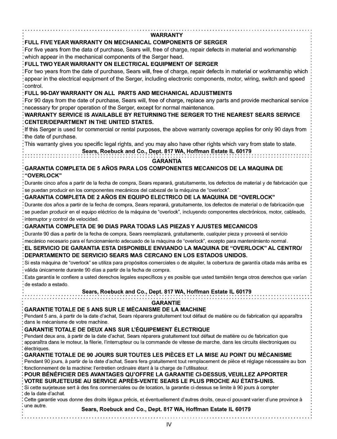 Kenmore 385.166551 owner manual Garantie Totale DE 5 ANS SUR LE Mccanisme DE LA Machine 