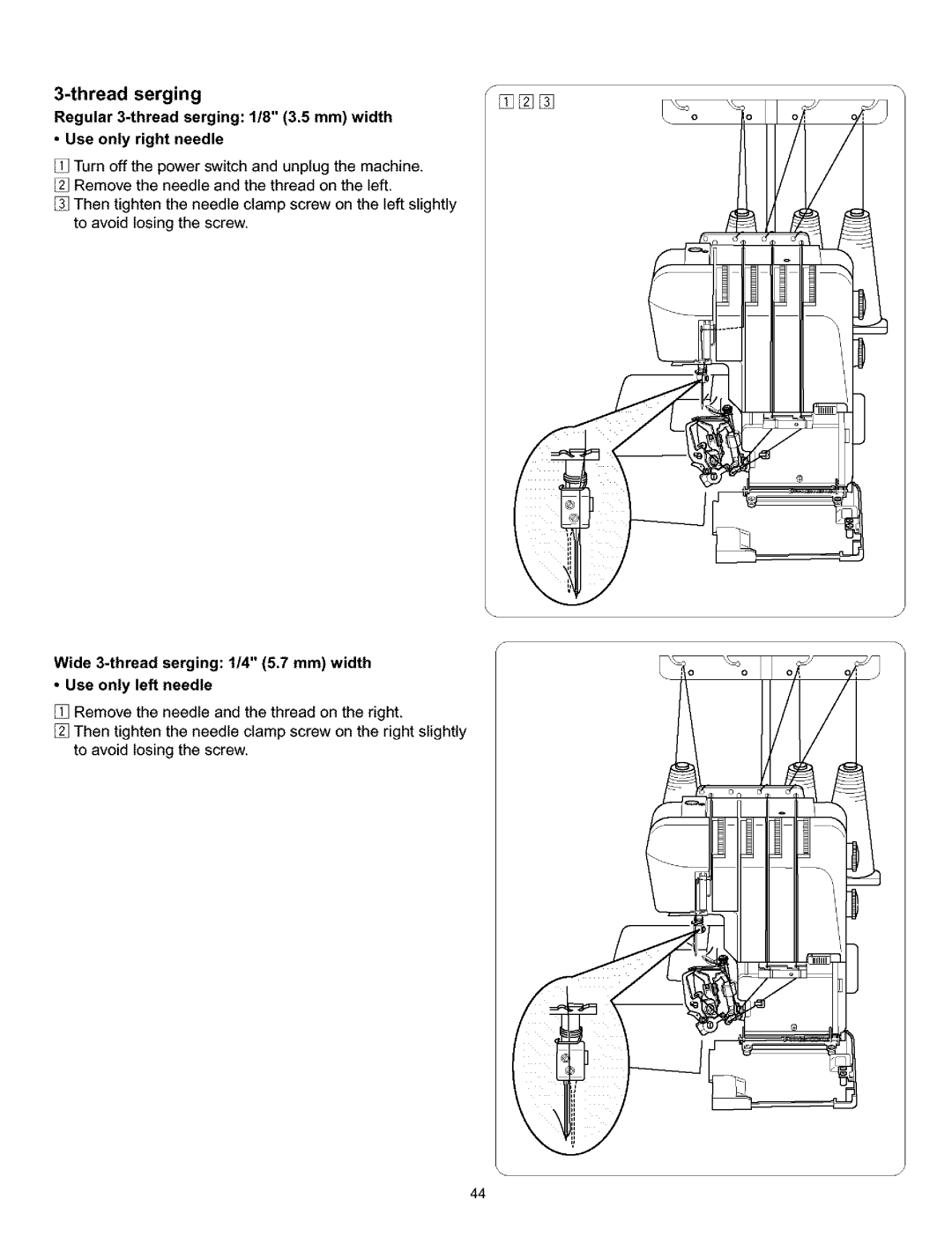 Kenmore 385.166551 owner manual Thread serging, Wide 3-thread serging 1/4 5.7 mm width Use only left needle 