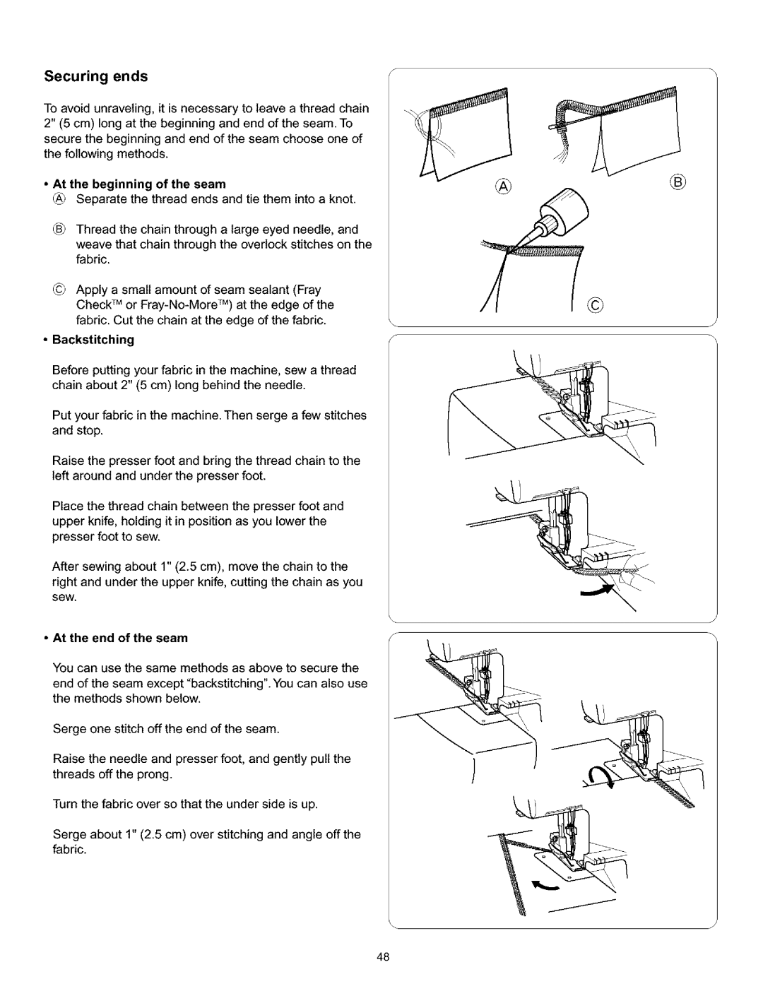 Kenmore 385.166551 owner manual Securing ends, At the beginning of the seam, Backstitching, At the end of the seam 