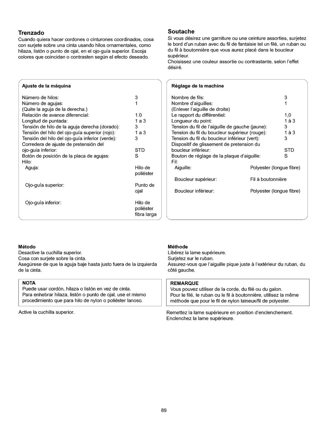 Kenmore 385.166551 owner manual Soutache, Trenzado, Metodo, Reglage De la machine 