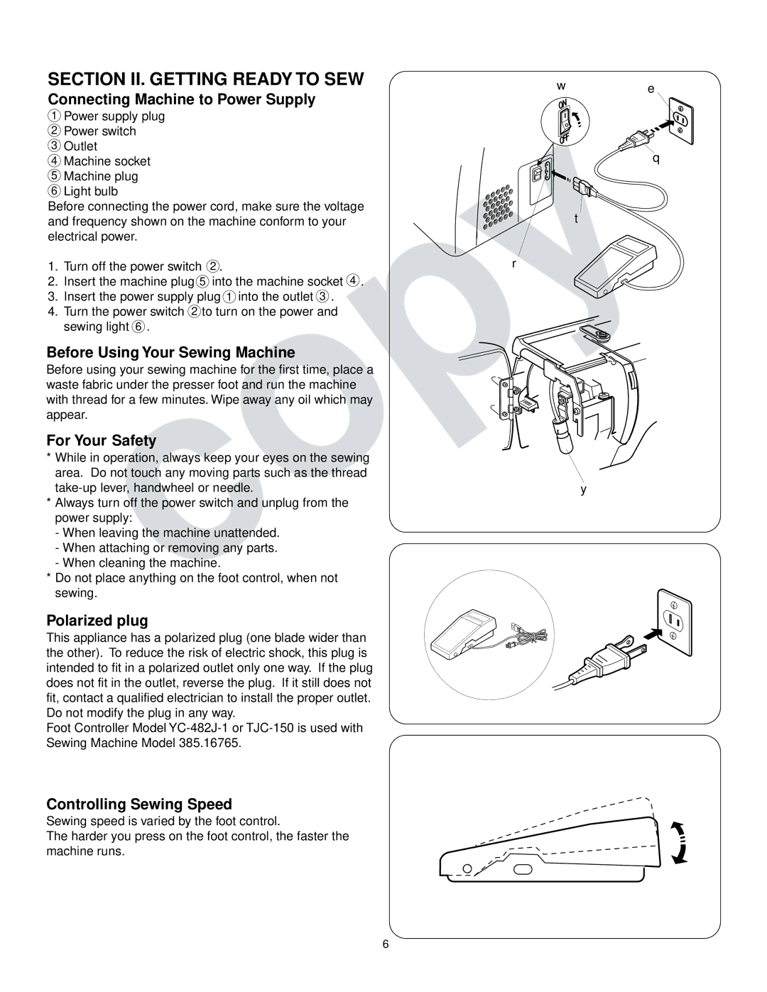 Kenmore 385.16765 Connecting Machine to Power Supply, Before Using Your Sewing Machine, For Your Safety, Polarized plug 