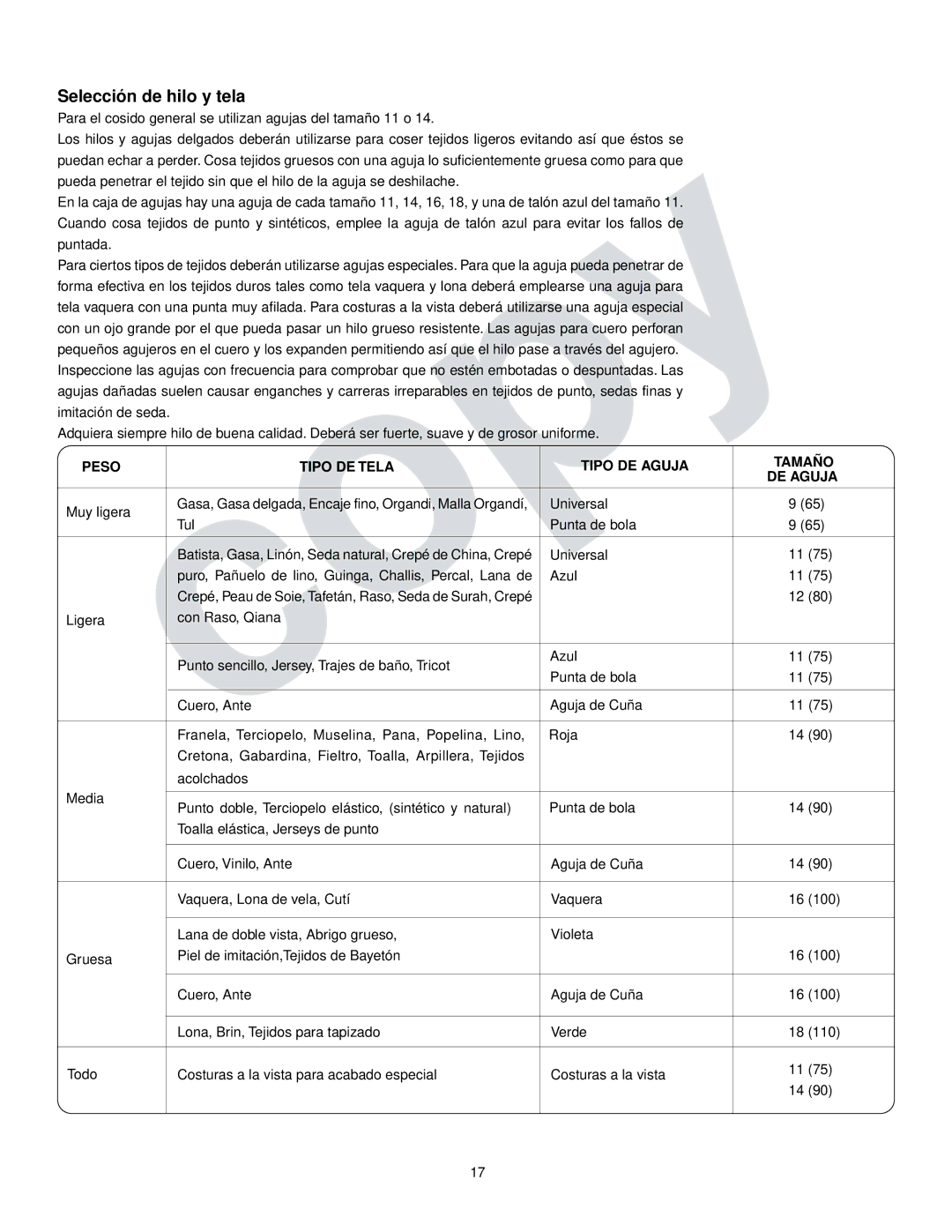 Kenmore 385.16765 owner manual Selección de hilo y tela, Peso Tipo DE Tela Tipo DE Aguja Tamaño 