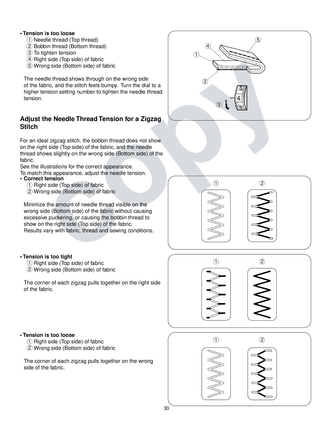 Kenmore 385.16765 owner manual Adjust the Needle Thread Tension for a Zigzag Stitch, Tension is too loose 