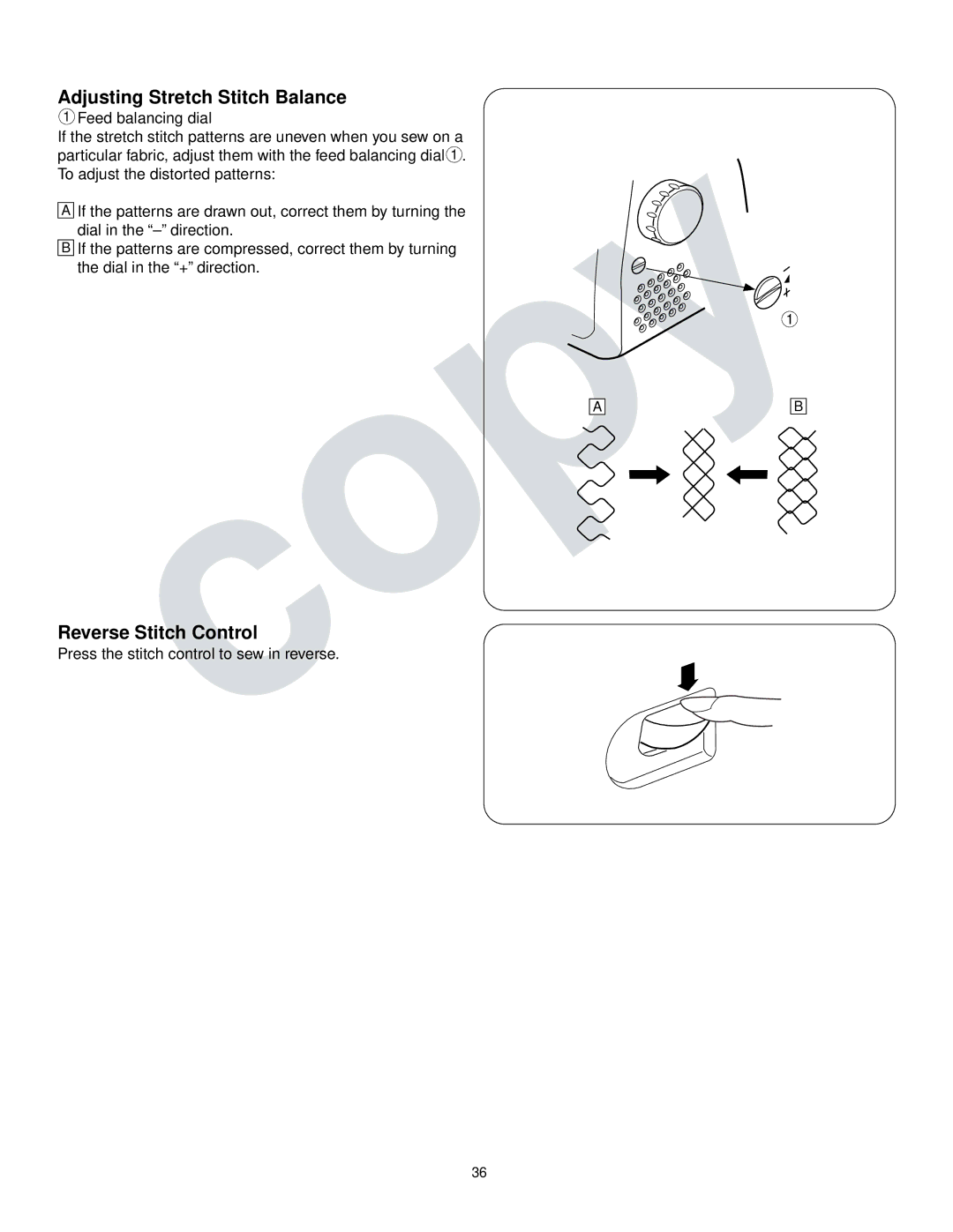 Kenmore 385.16765 owner manual Adjusting Stretch Stitch Balance, Reverse Stitch Control 