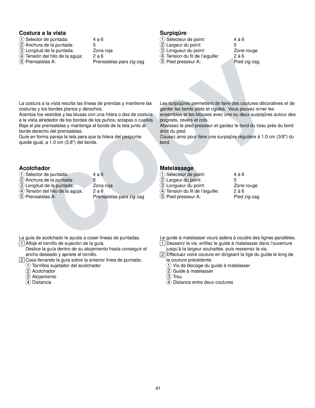 Kenmore 385.16765 owner manual Costura a la vista, Surpiqûre, Acolchador, Matelassage 