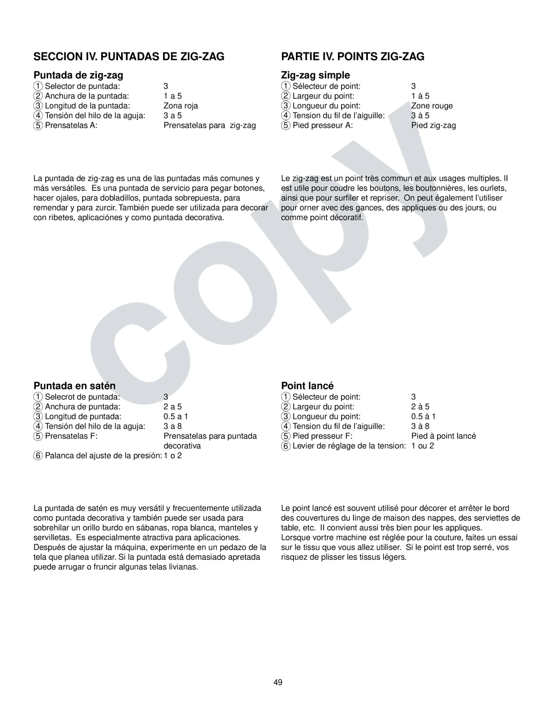 Kenmore 385.16765 owner manual Puntada de zig-zag, Puntada en satén, Zig-zag simple, Point lancé 