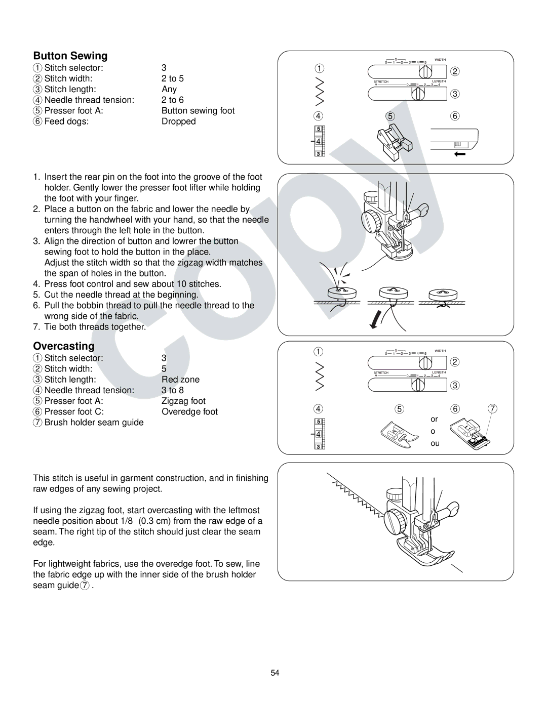 Kenmore 385.16765 owner manual Button Sewing, Overcasting 