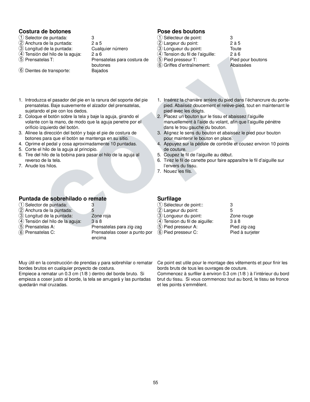 Kenmore 385.16765 owner manual Costura de botones Pose des boutons, Puntada de sobrehilado o remate Surfilage 