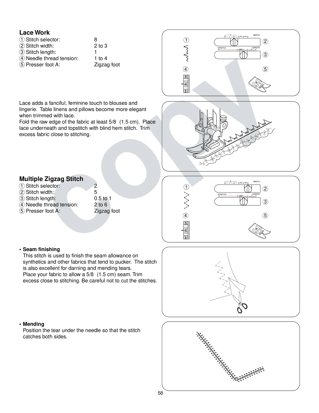 Kenmore 385.16765 owner manual Lace Work, Multiple Zigzag Stitch, Seam finishing, Mending 