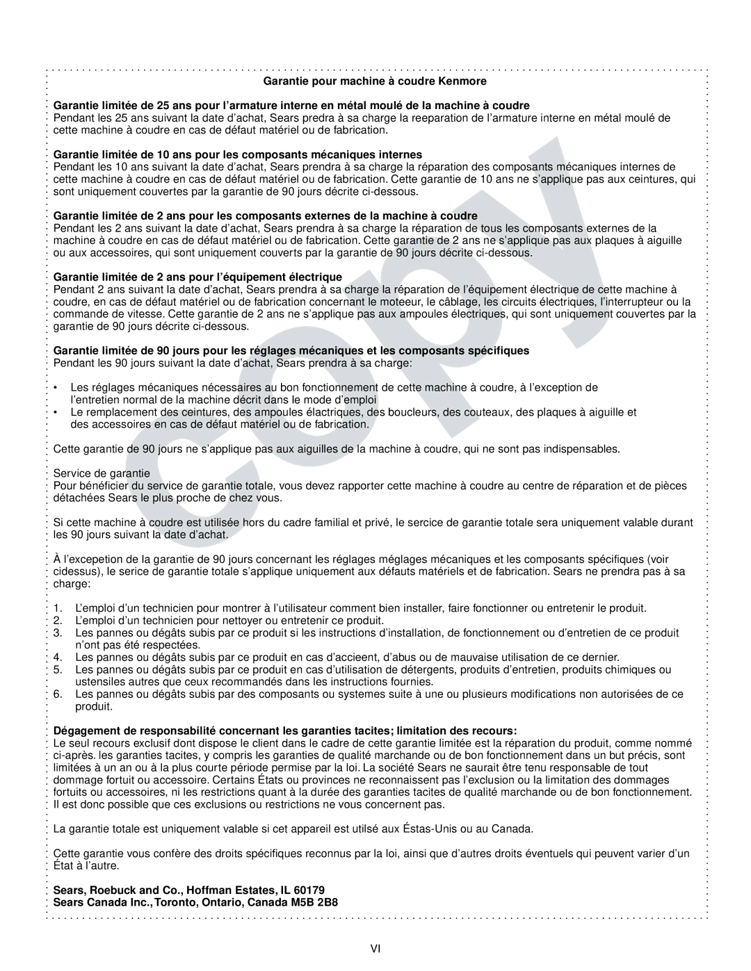 Kenmore 385.16765 owner manual Garantie limitée de 2 ans pour l’équipement électrique 