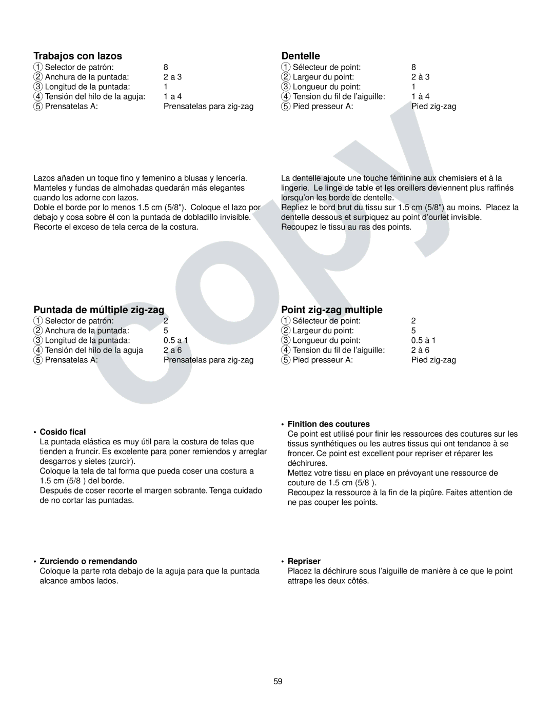 Kenmore 385.16765 owner manual Trabajos con lazos Dentelle, Puntada de múltiple zig-zag Point zig-zag multiple 