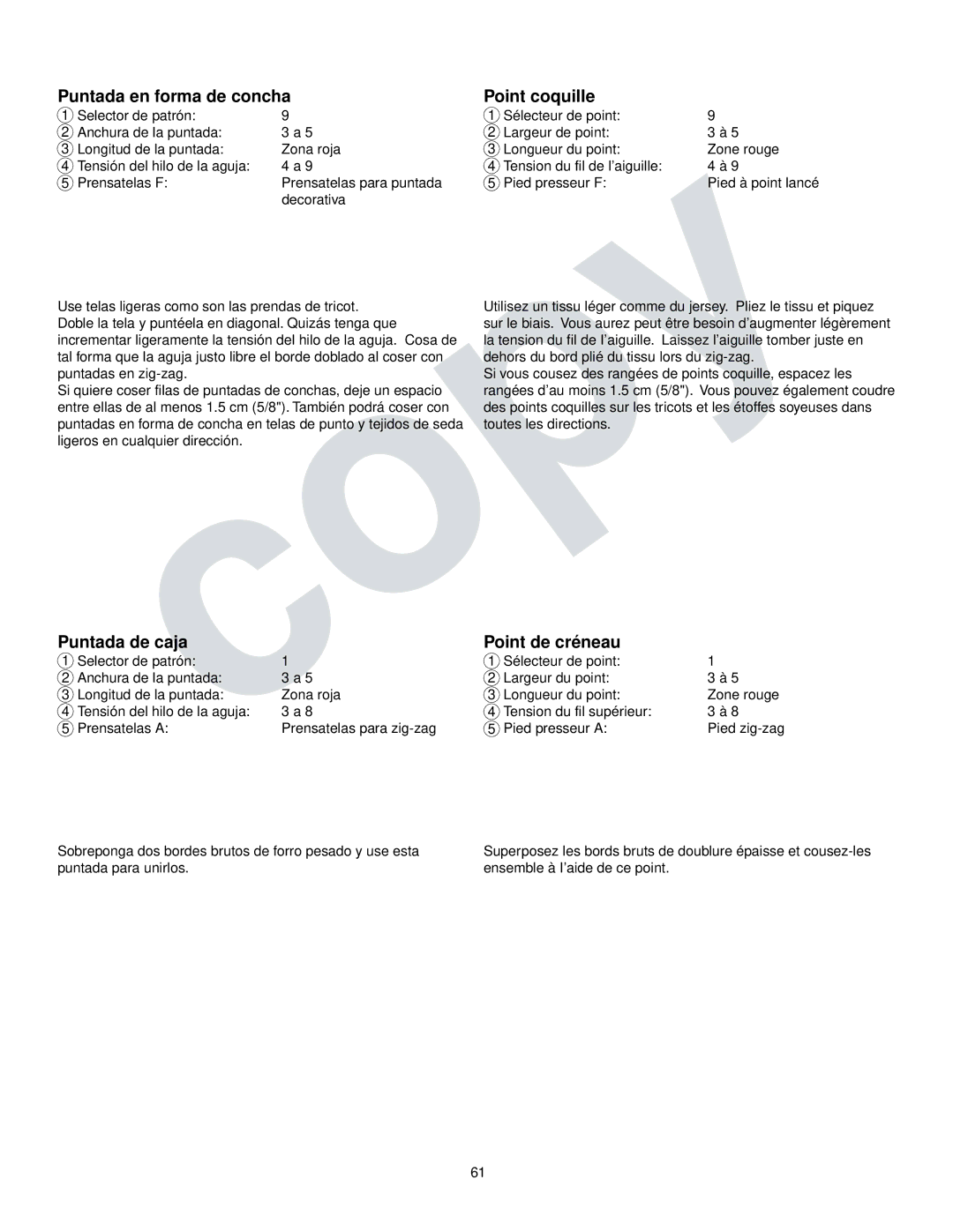 Kenmore 385.16765 owner manual Puntada en forma de concha Point coquille, Puntada de caja Point de créneau 