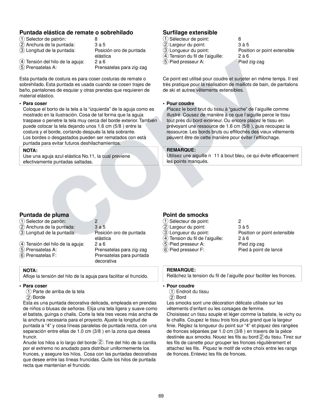 Kenmore 385.16765 Puntada elástica de remate o sobrehilado, Puntada de pluma, Surfilage extensible, Point de smocks 