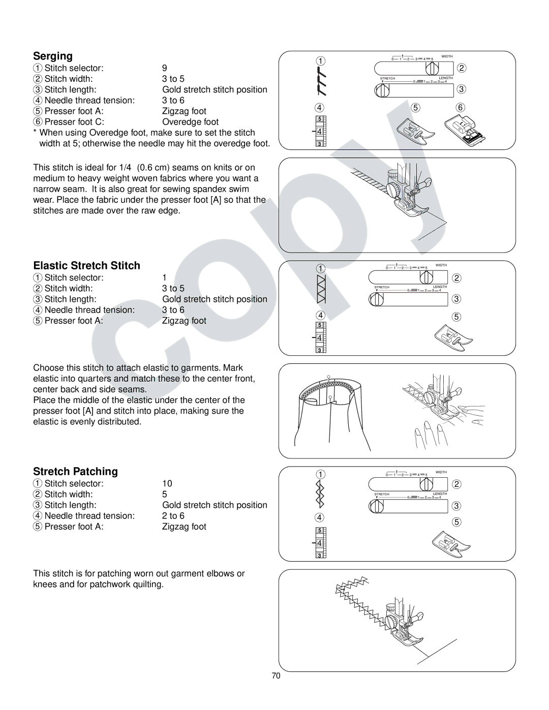 Kenmore 385.16765 owner manual Serging, Elastic Stretch Stitch, Stretch Patching 