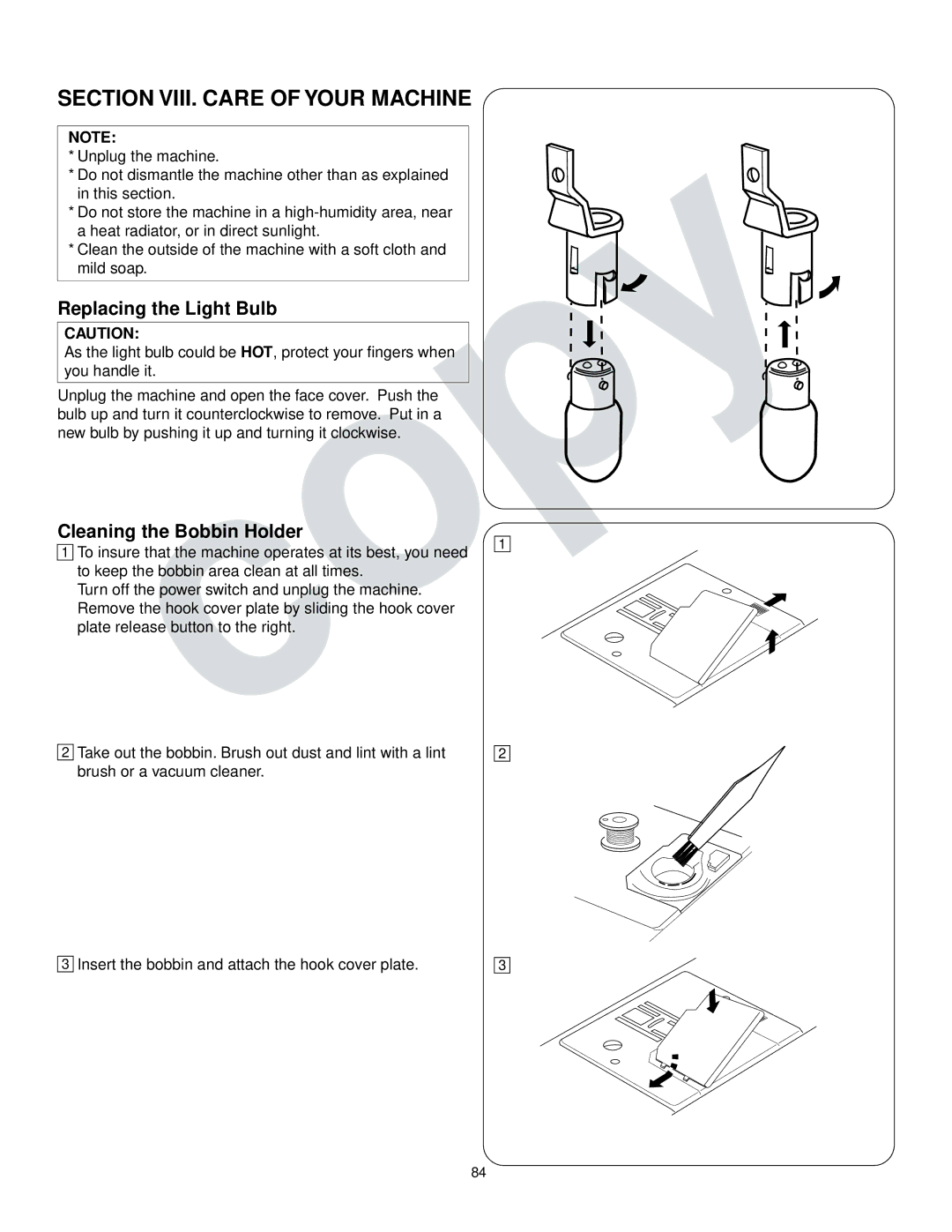 Kenmore 385.16765 owner manual Replacing the Light Bulb, Cleaning the Bobbin Holder 