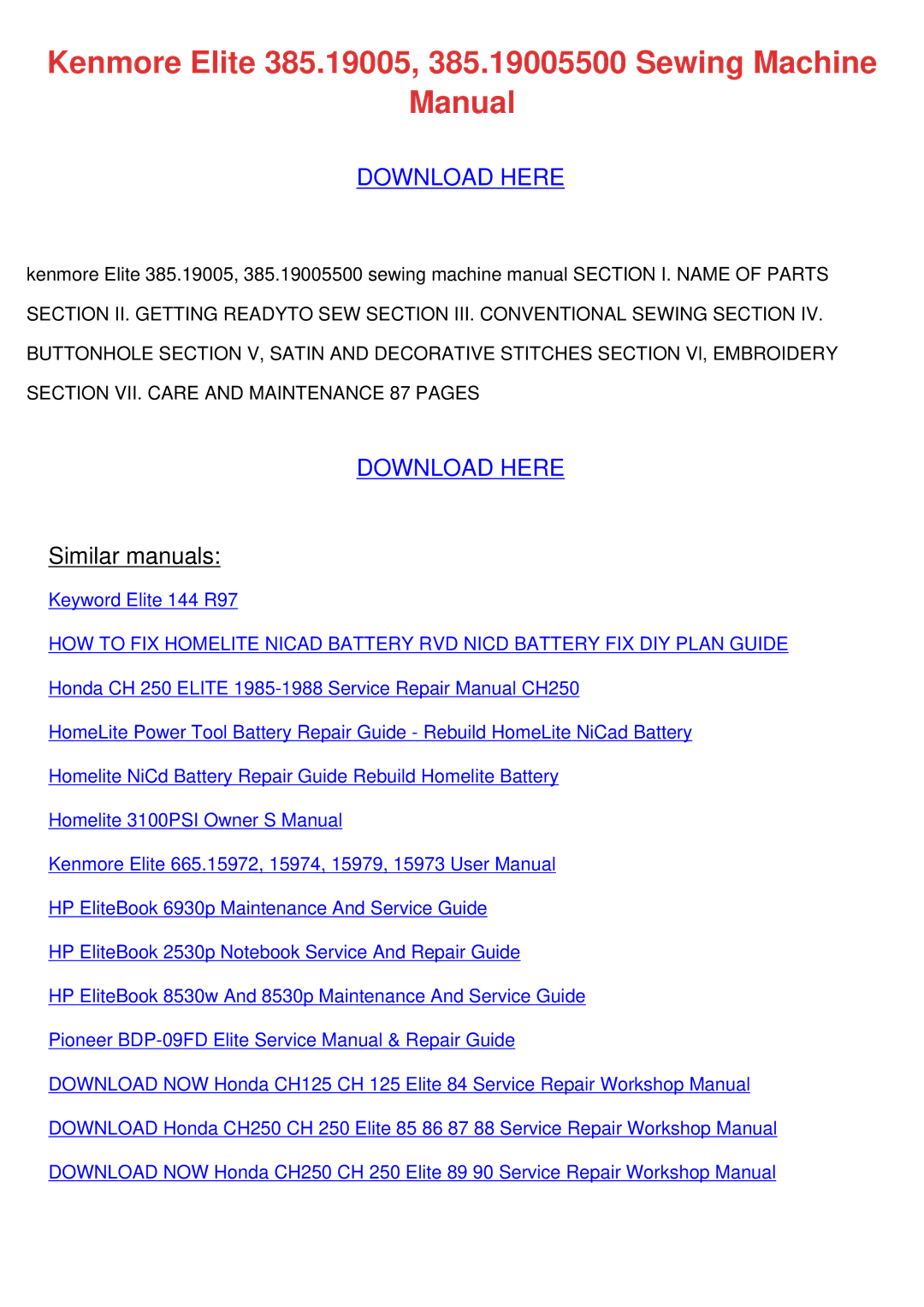 Kenmore owner manual Kenmore Elite 385.19005, 385.19005500 Sewing Machine Manual, Download Here, Similar manuals 